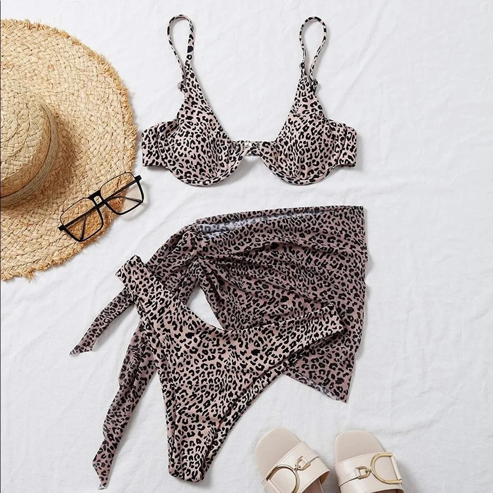3pcs Leopard Bikini & Sarong Swim Set - Picture 2 of 6
